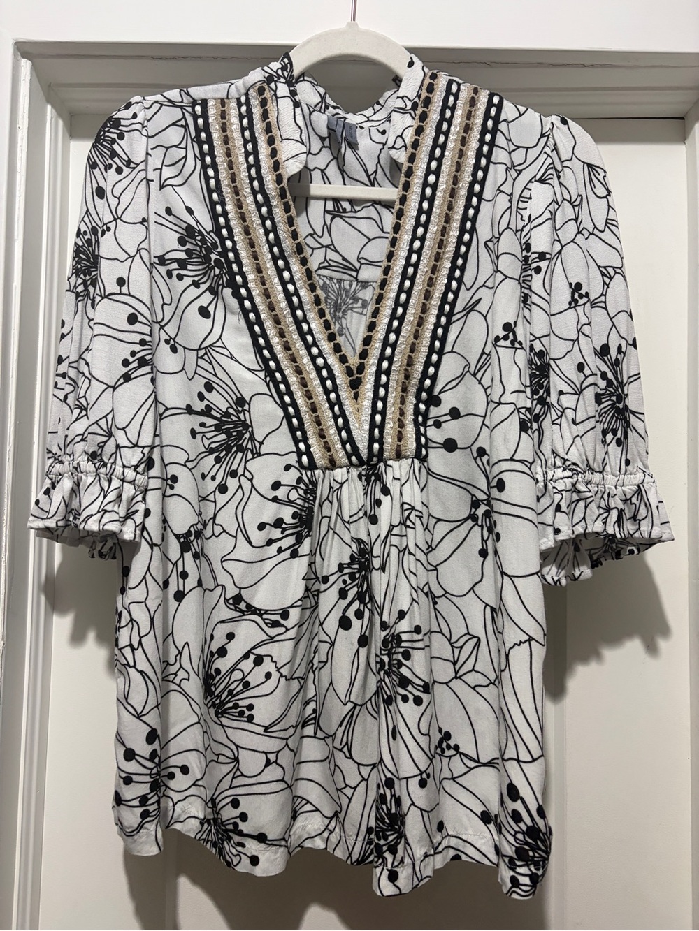Bl^nk (Anthropologie) Embroidered V-Neck Black & White Floral Blouse